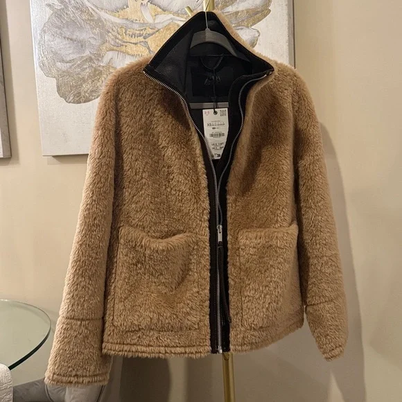 NWT Zara | ZW COLLECTION FAUX SHEARLING DOUBLE-FACED Tan Teddy Jacket for Women - Picture 12 of 17
